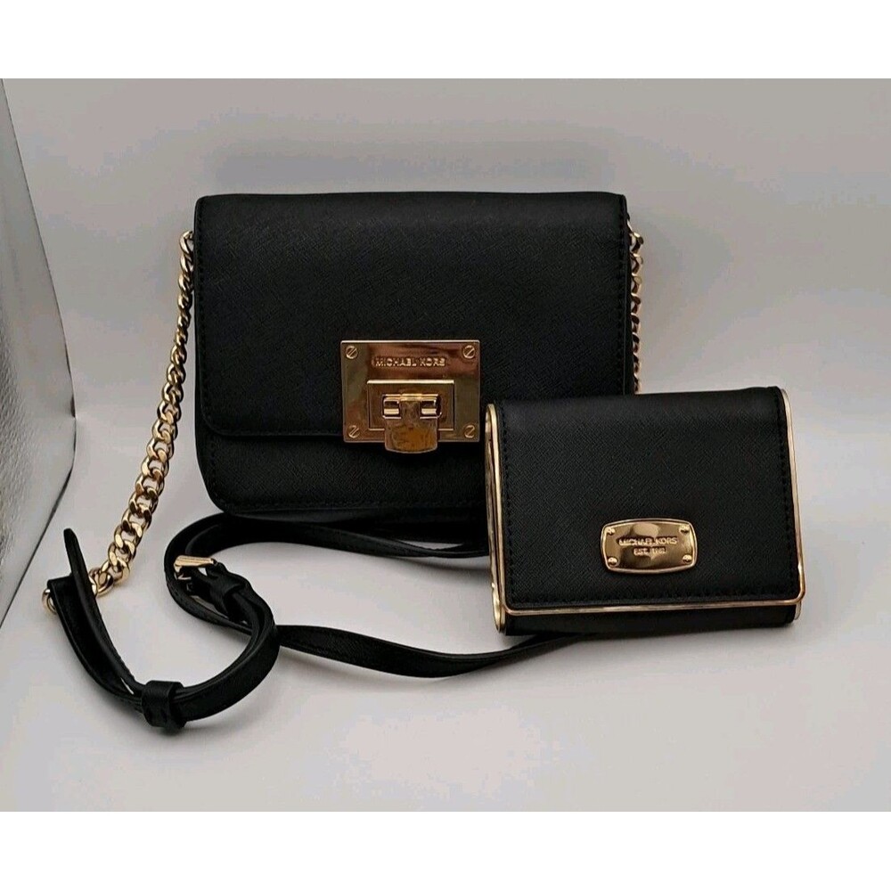 Michael Kors Tina Black Gold Crossbody And Jet Set Trifold Wallet READ